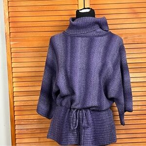 Dressbarn Wool Blend Purple Ribbed Hem Turtleneck Sweater with Drawstring